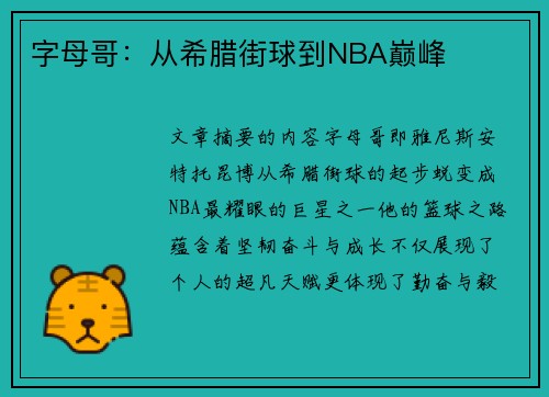 字母哥：从希腊街球到NBA巅峰